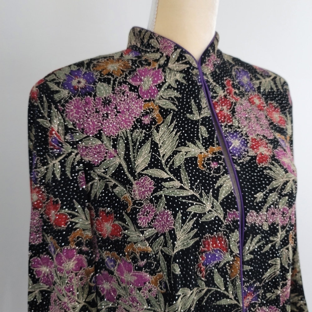 Alex Evenings Black Floral Zip Jacket with Purple Trim